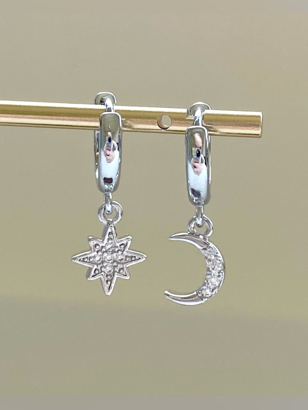 Silver Moon & Star Huggie Earrings - Dangle Celestial Charm